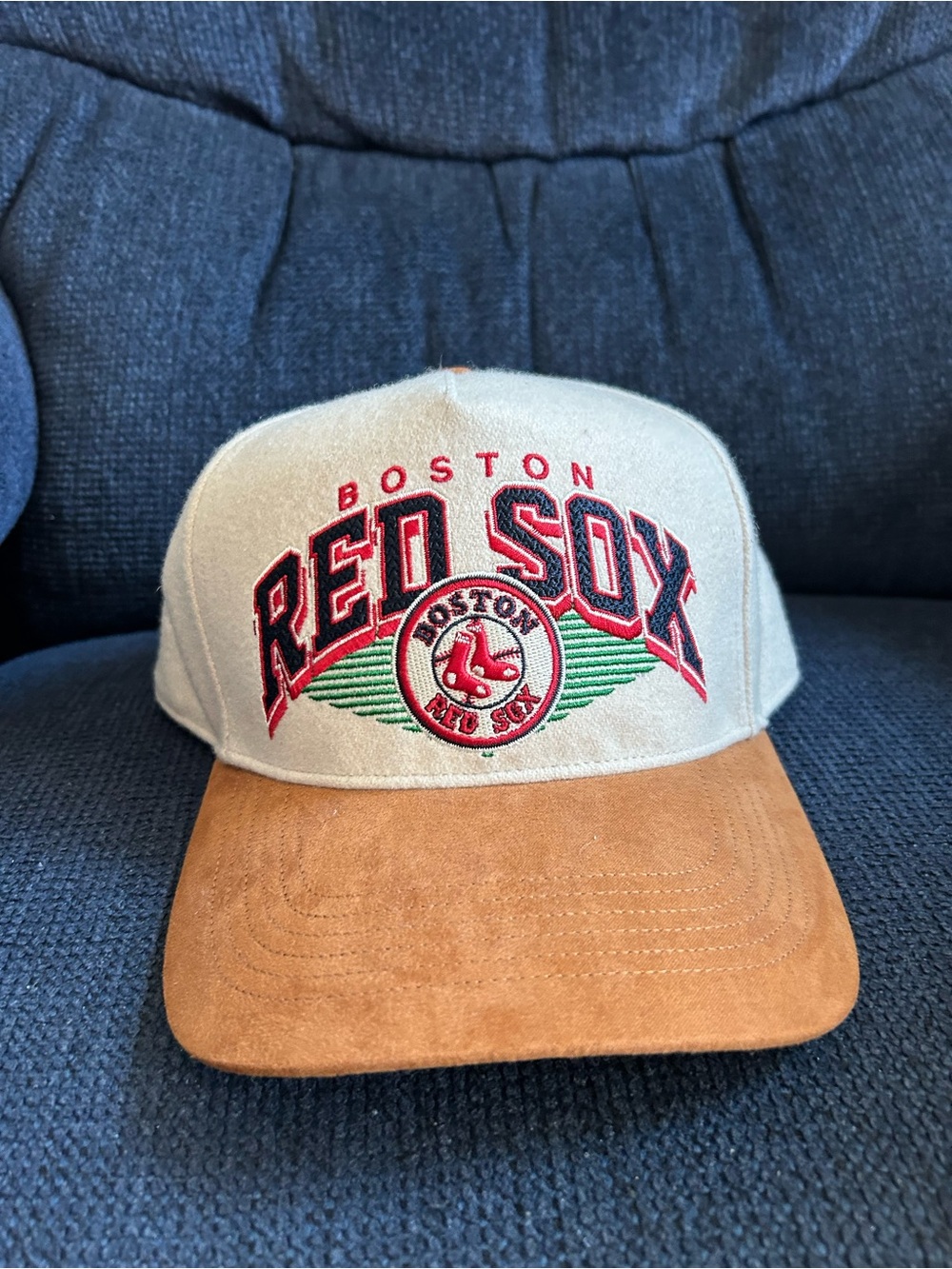 Boston Red Sox Embroidered Cap in Beige and Brown Suede Bill